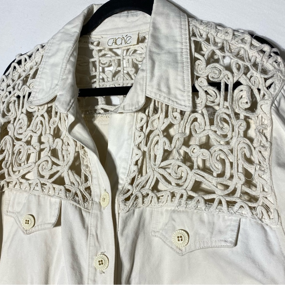 Vintage Cache Cream Oversized Cropped Denim Jean Jacket W Crochet Lace Shoulders - Picture 9 of 16